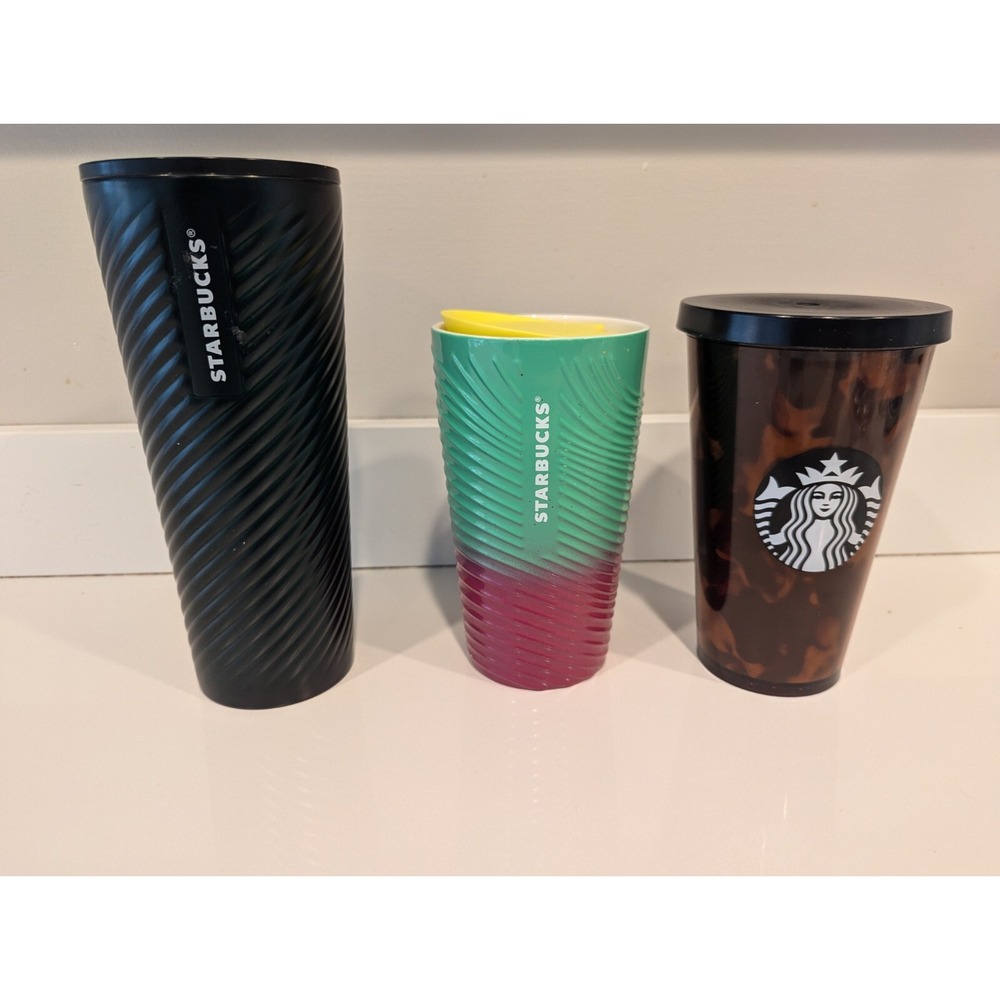 3 Starbucks 12 16 24 oz Cold Hot Cup Tumbler Tortoise Shell Metal Ceramic Green